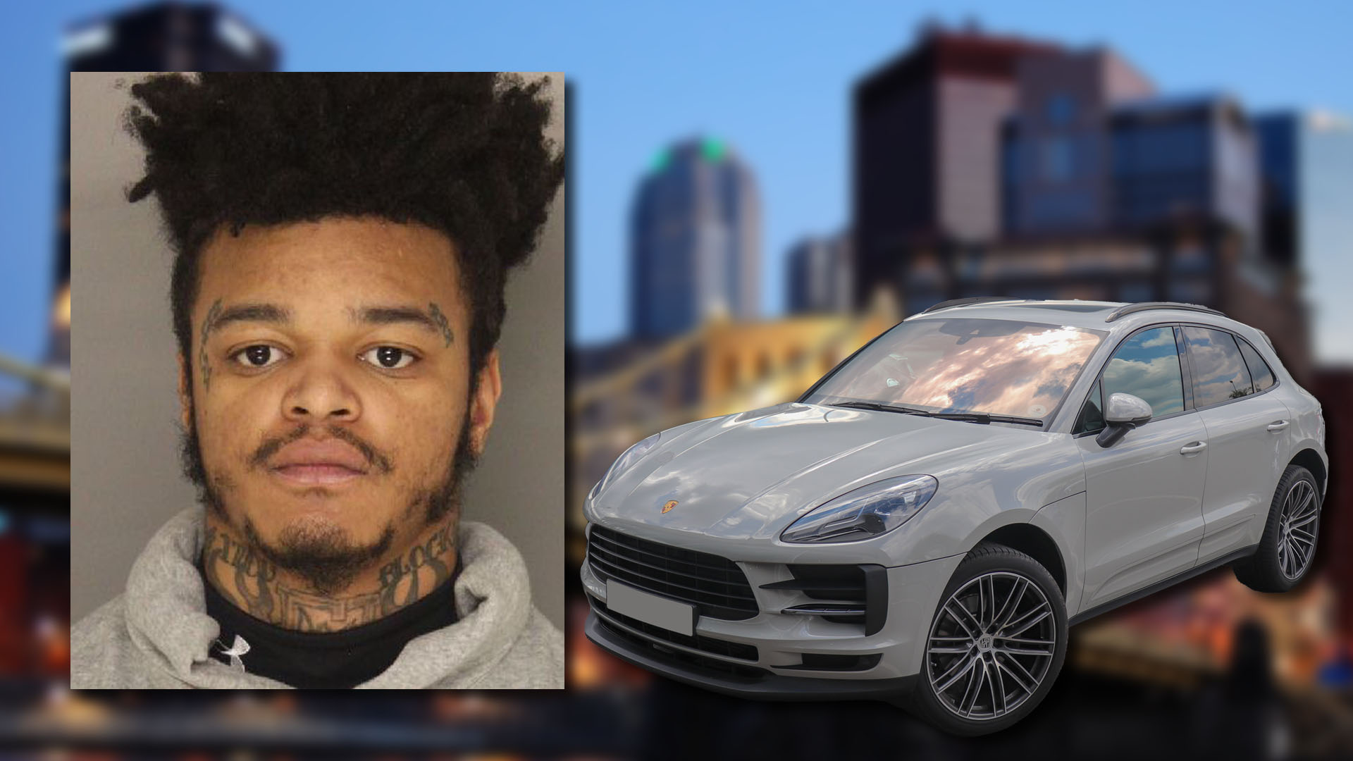 Mugshot provided by the Allegheny County Jail. Porsche and background photo credit: Wikimedia Commons
