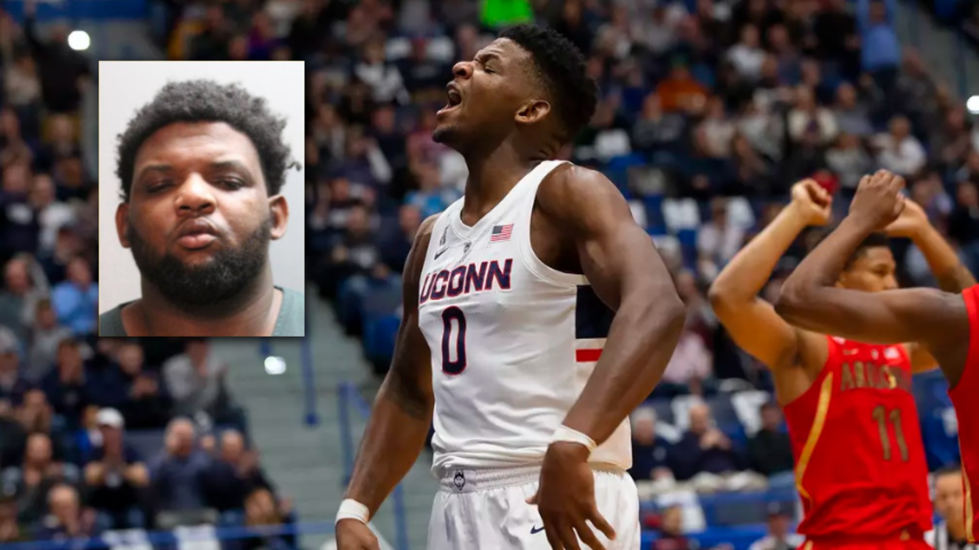 Background: Eric Cobb during a UConn Huskies basketball game in 2018. (by Stephen Slade via UConn Athletics) Inset: Eric Cobb's mugshot (via Jacksonville Sheriff's Office)