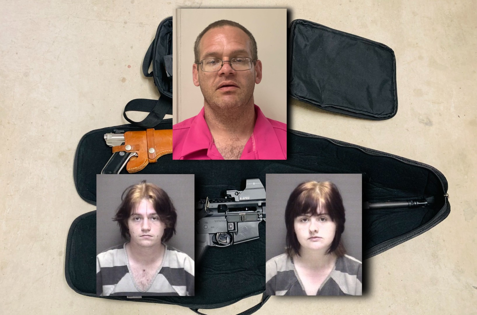 Top: Travis Hodge; bottom left: Uriah Urick; bottom right: Tara King; background: suspected murder weapon(s). (Photos via Galveston County Sheriff's Office)