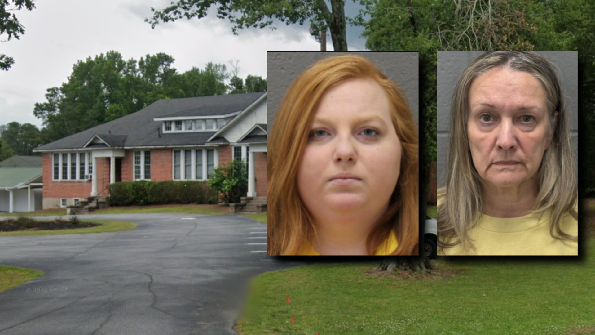 Bonnie Brown, left, and Sherri Mauldin (via Greene County Sheriff's Office). Background: Nathanael Greene Academy (via GoogleMaps)
