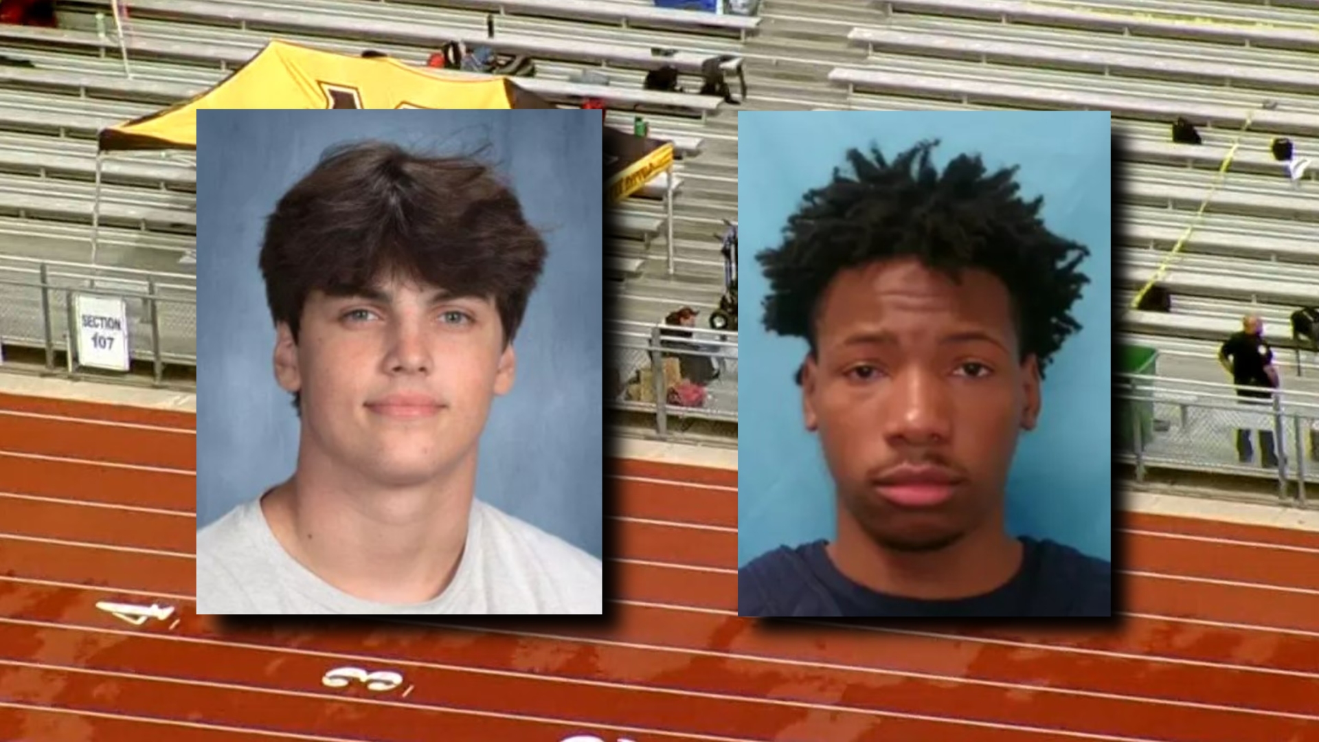 Left: Austin Metcalf (courtesy WFAA via CNN Newssource). Right: Karmelo Anthony (via Frisco Police Department). Background: Aerial coverage of the crime scene. (via ABC News)