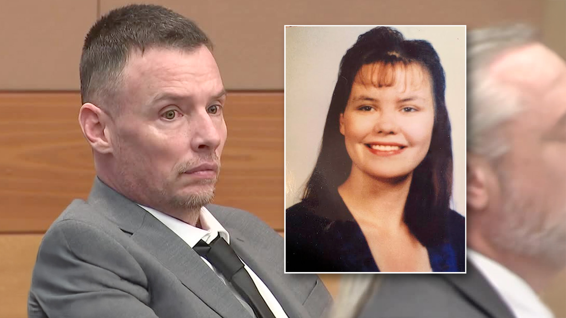 Christopher Wolfenbarger sits at the defense table during his murder trial, where he faced charges in the 1998 death of his wife, Melissa Wolfenbarger (inset).
CourtTV