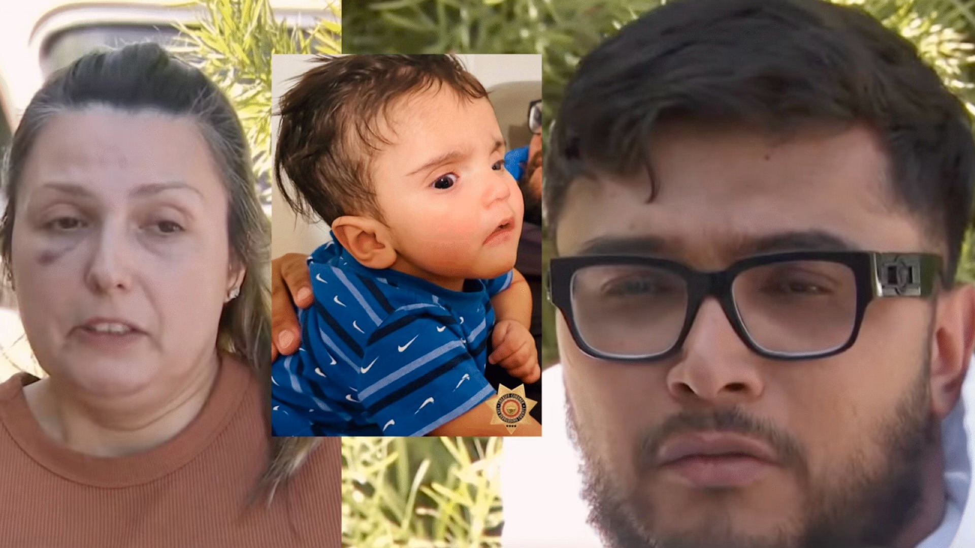 From left, Rebecca Haro, center inset Emmanuel Haro, right Jake Haro (via KLTA; San Bernardino County Sheriff)