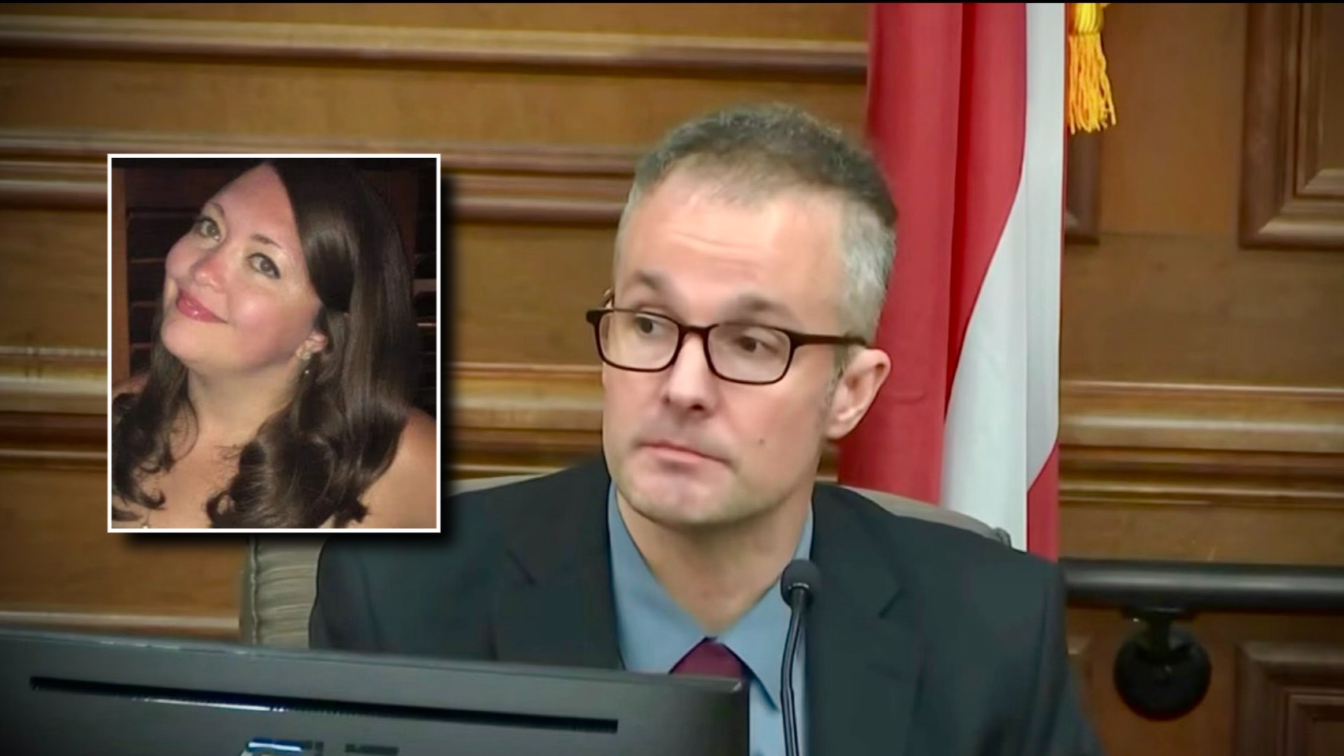 Background: Nicholas Kassotis on trial. Inset: Mindi Mebane Kassotis (via Court TV / GoFundMe)