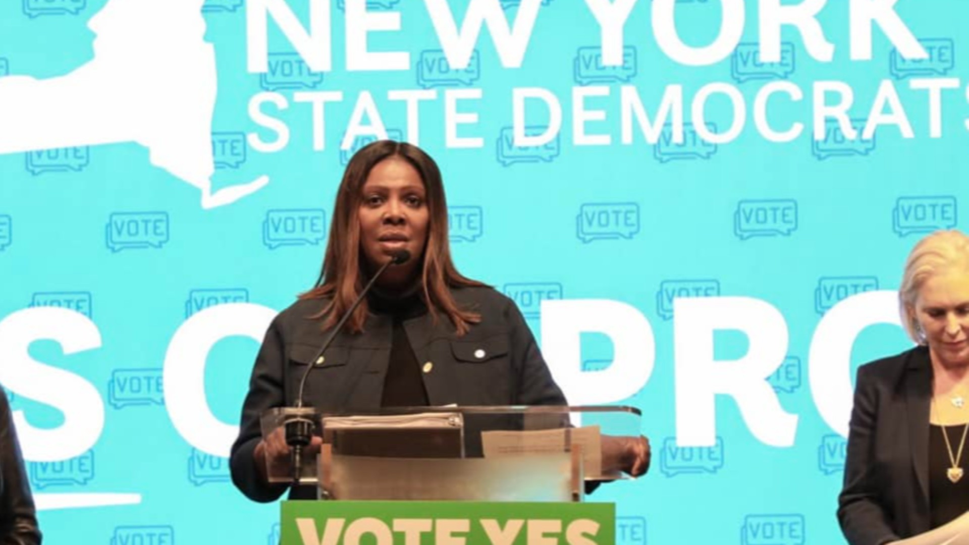 New York Attorney General Letitia James speaks at a podium urging voters to support Proposition 1 to protect abortion rights in New York’s constitution. (Photo via Letitia James’ official Facebook)