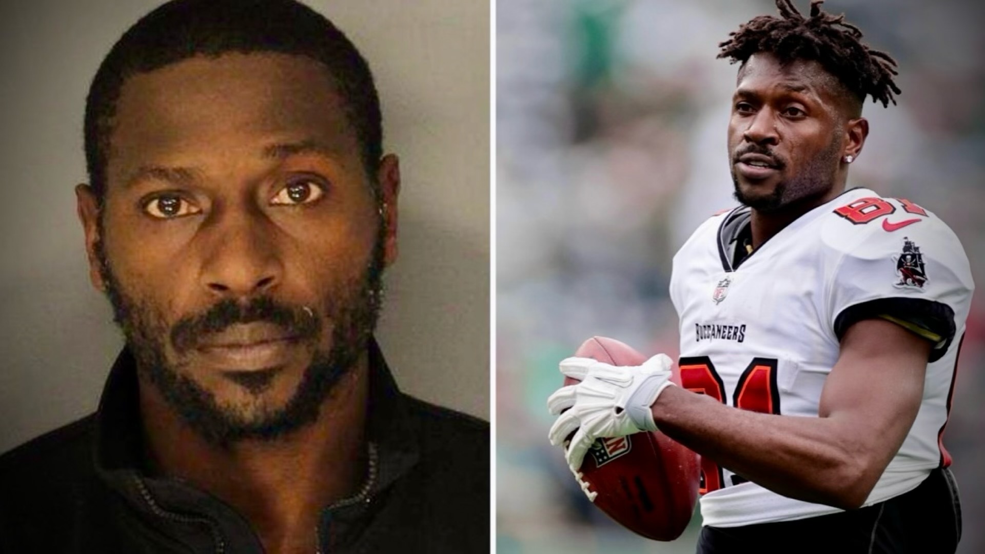 Antonio Brown, mugshot and during a Buccaneers game in 2022 (via Essex County Department of Corrections/AP photo)