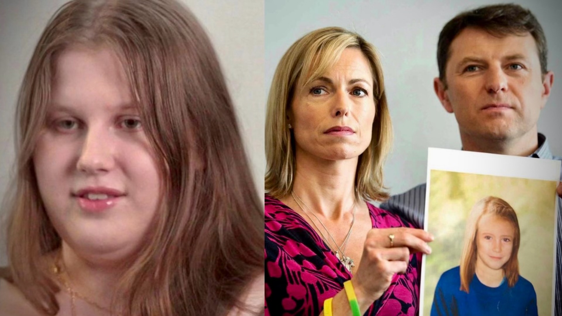 Left: Julia Wandelt, Right: Kate and Gerry McCann holding a photo of their daughter Madeline McCann (via AP/Getty)
