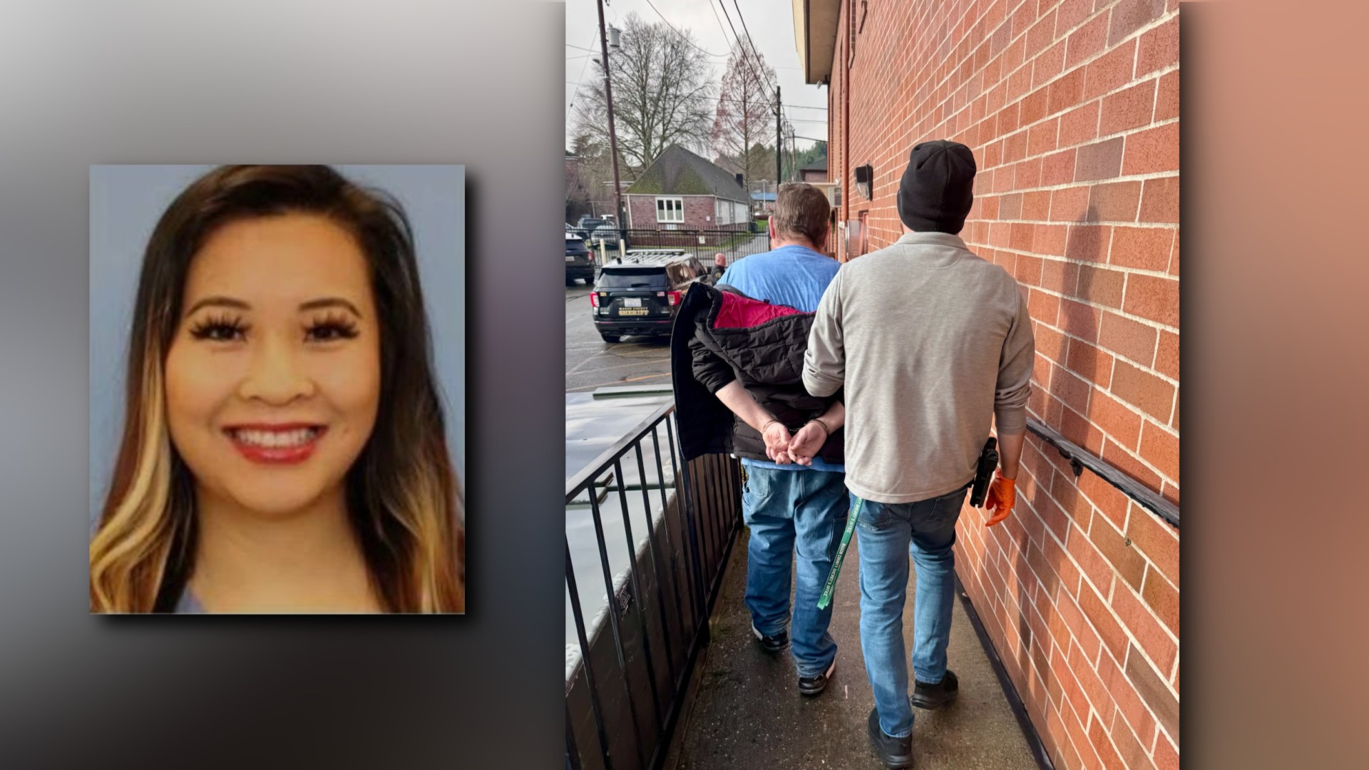 Left: Mallory Barbour, a 27-year-old Bothell woman whose remains were found in Mason County months after she was reported missing. Right: Sean Gregory Harris is taken into custody by detectives. (via Mason County Sheriff’s Office)