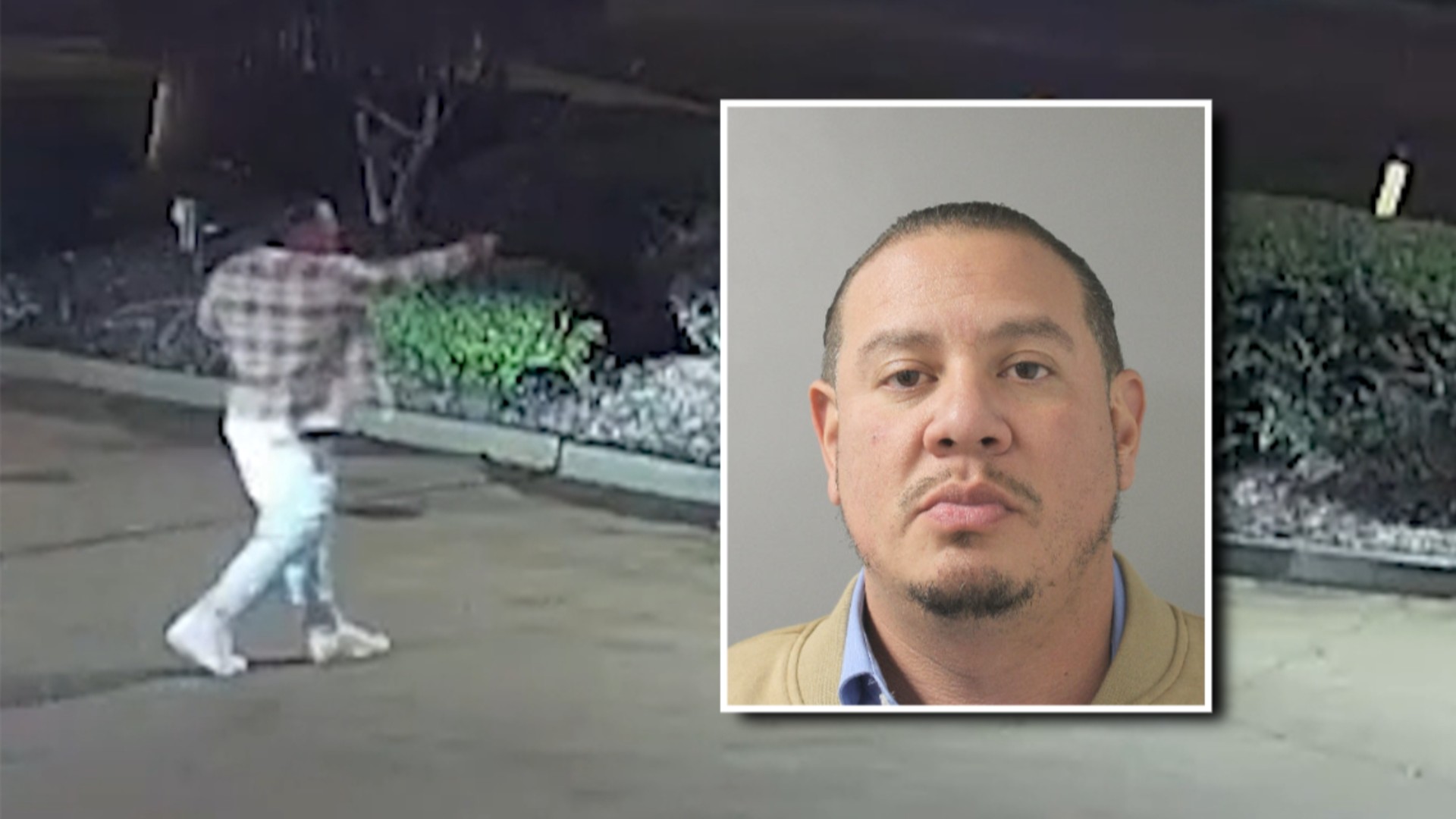 Background: A screenshot from surveillance video shows a man, later identified by police as Jonathan Ross Mata, firing a gun at a vehicle at a gas station near the Sam Houston Parkway on Dec. 25, 2025. Inset: Jonathan Ross Mata. (via Houston Police)