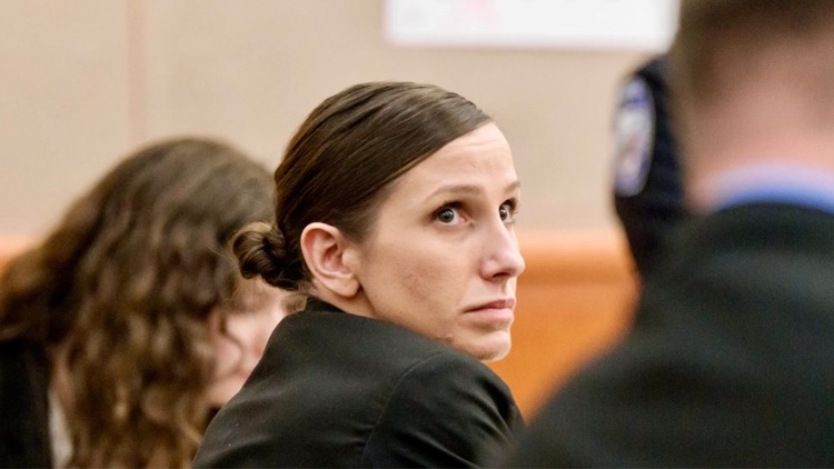 Kouri Richins on trial for murder at the Summit County Courthouse in Park City, Utah on Feb. 23 (via AP Photo)
