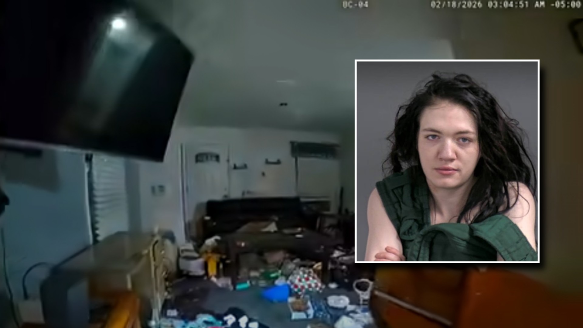 Inset: Krystal Farmer's mugshot (via Genesee County Sheriff's Office). Background: Bodycam footage of Farmer's home on Feb. 18, 2026 (via Flint Township Police Department).