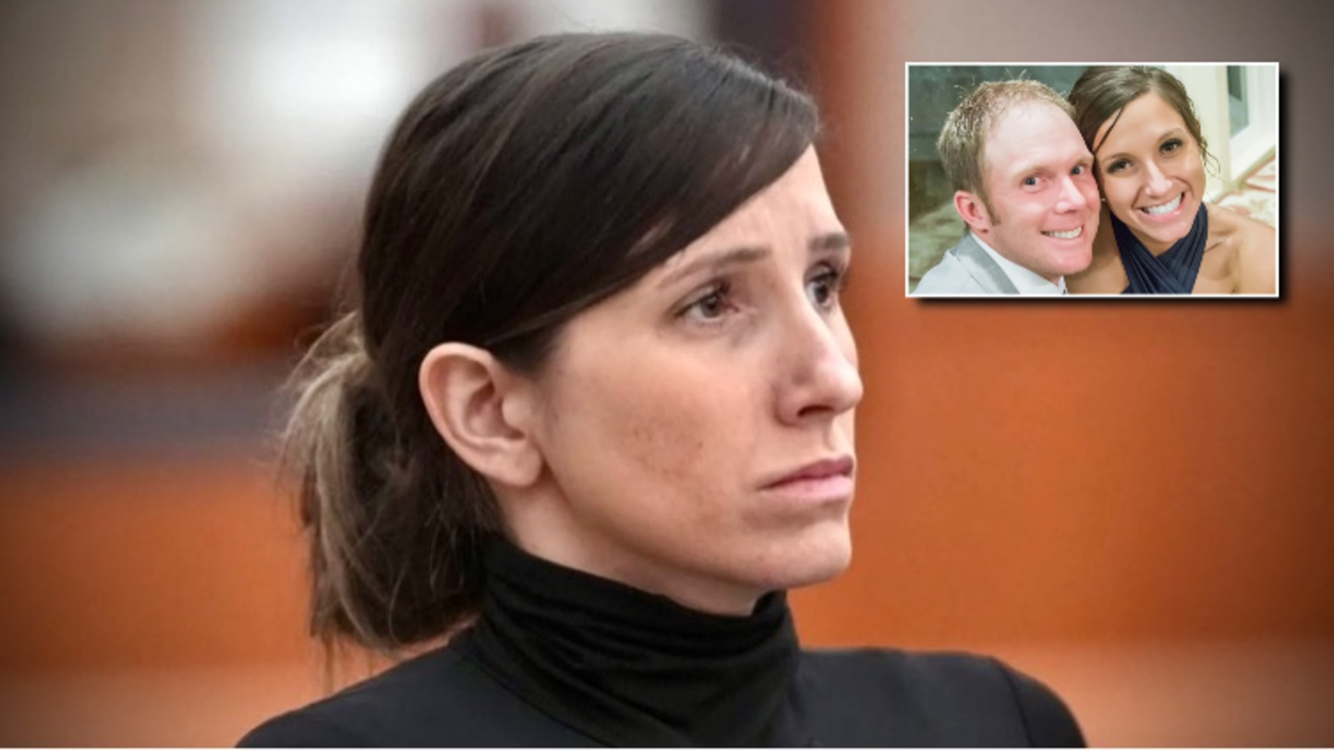 Background: Kouri Richins, in court May 2024 (via AP); inset: Eric and Kouri Richins (via Skye Lazaro)