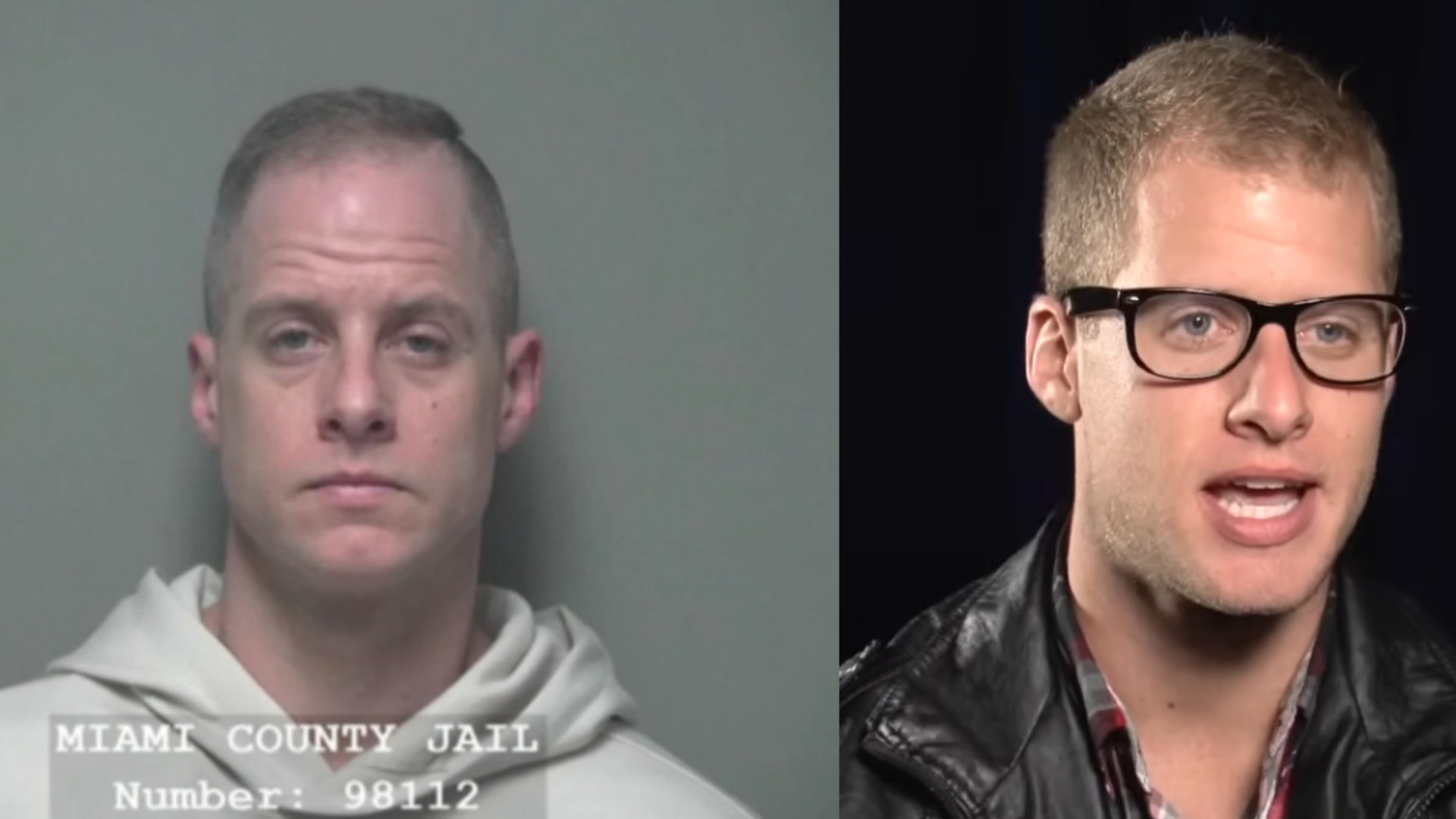 Left: Caleb Flynn's mugshot (via Miami County Sheriff’s Department); right: Flynn during an 'American Idol' interview in 2013 (via American Idol YouTube).