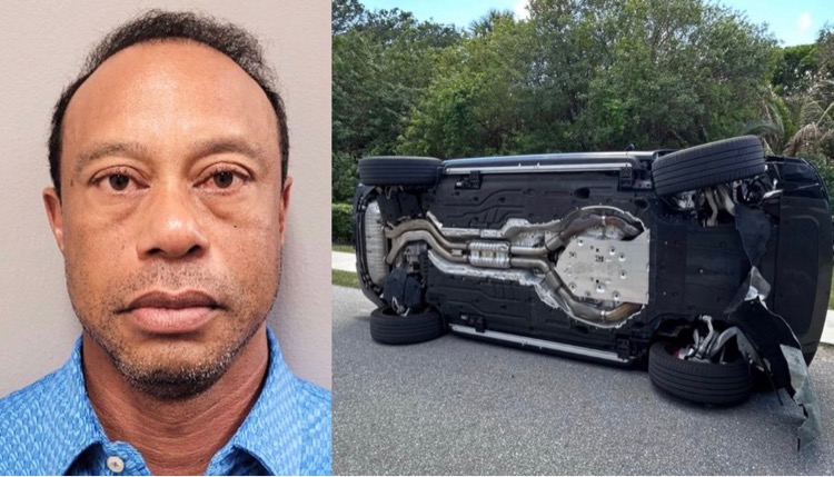 Left: Mugshot of Tiger Woods, Right: Tiger Woods’ Overturned Land Rover (via Martin County Sheriff’s Office/WPTV)
