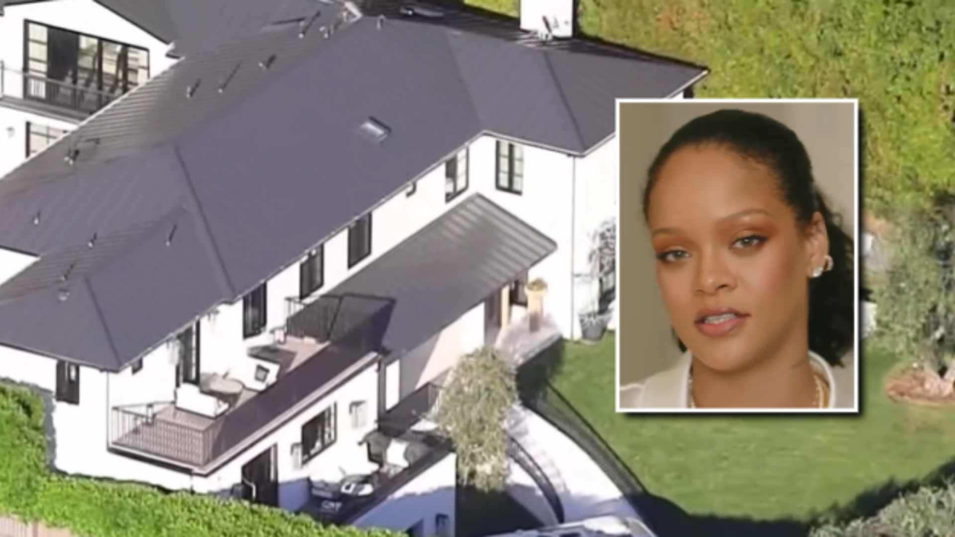 Background: Aerial coverage of Rihanna's Beverly Crest home. (via NBC4 Los Angeles / inset photo via Instagram)