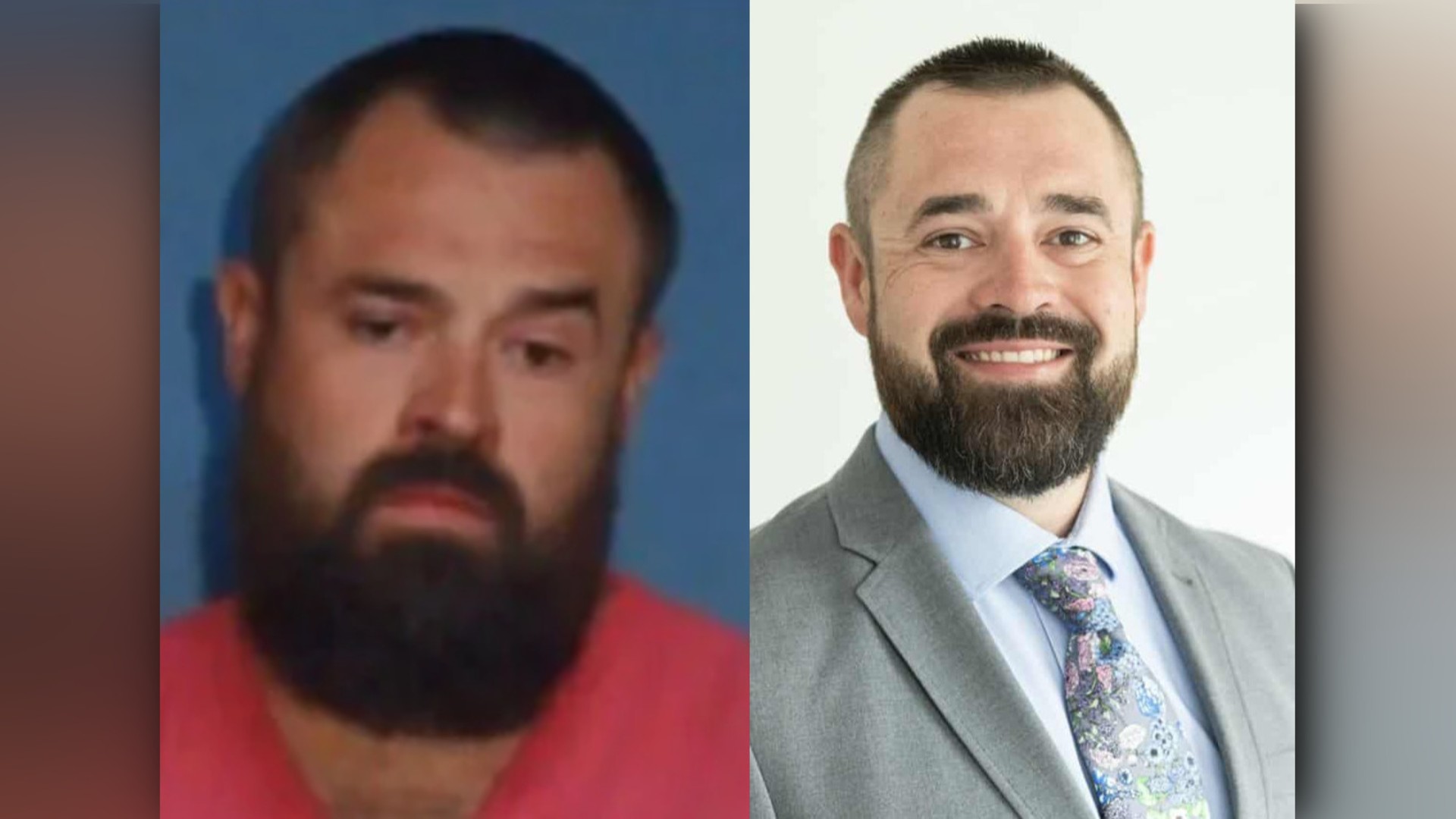 Left: Aaron Spencer's mugshot (via Lonoke County Police); right: Spencer's campaign photo (via Aaron Spencer for Lonoke County Sheriff / Facebook).