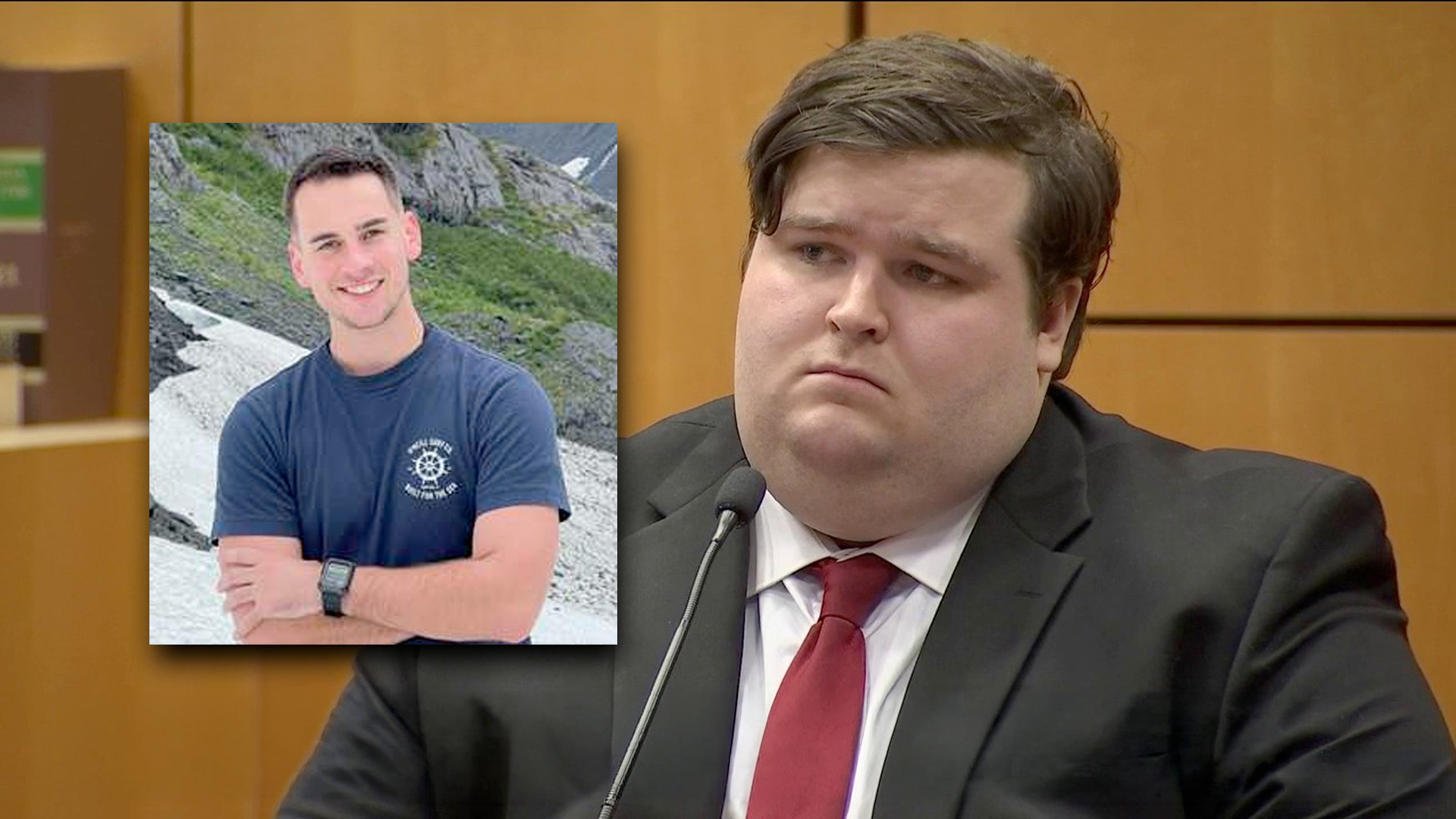 Former Brevard County Sheriff’s Deputy Andrew Lawson appears in court after being charged with second-degree murder in the 2022 shooting death of his roommate and fellow deputy, Austin Walsh (inset).