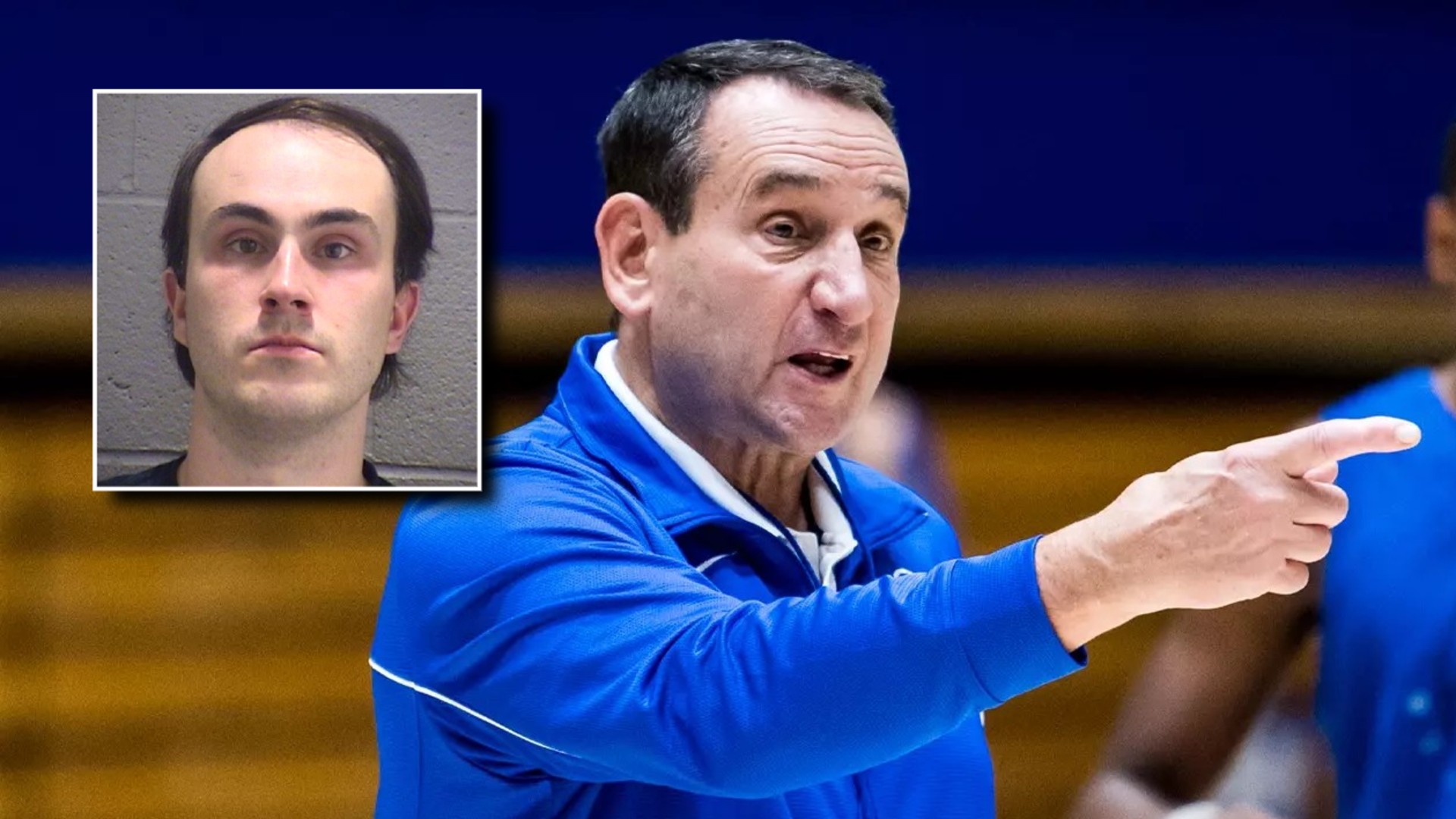 Joseph Savarino, inset, and former Duke Blue Devils head coach Mike Krzyzewski (via Durham County Sheriff's Office / Duke Athletics)