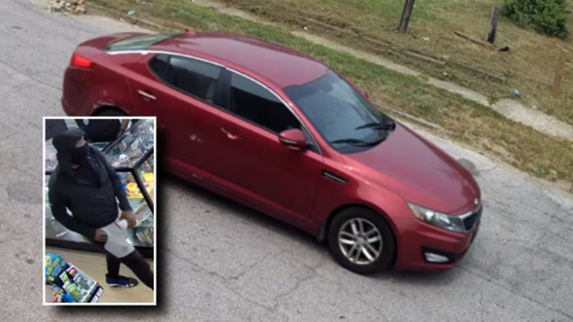 Surveillance images released by Crime Stoppers show a red Kia that investigators say was stolen and used by suspects who fled after the fatal shooting of 19-year-old Issac A. Martin outside Noble Food Deal in Cleveland Heights, Ohio, on July 16, 2026. The inset image shows one of the individuals sought by investigators. (via Crime Stoppers)